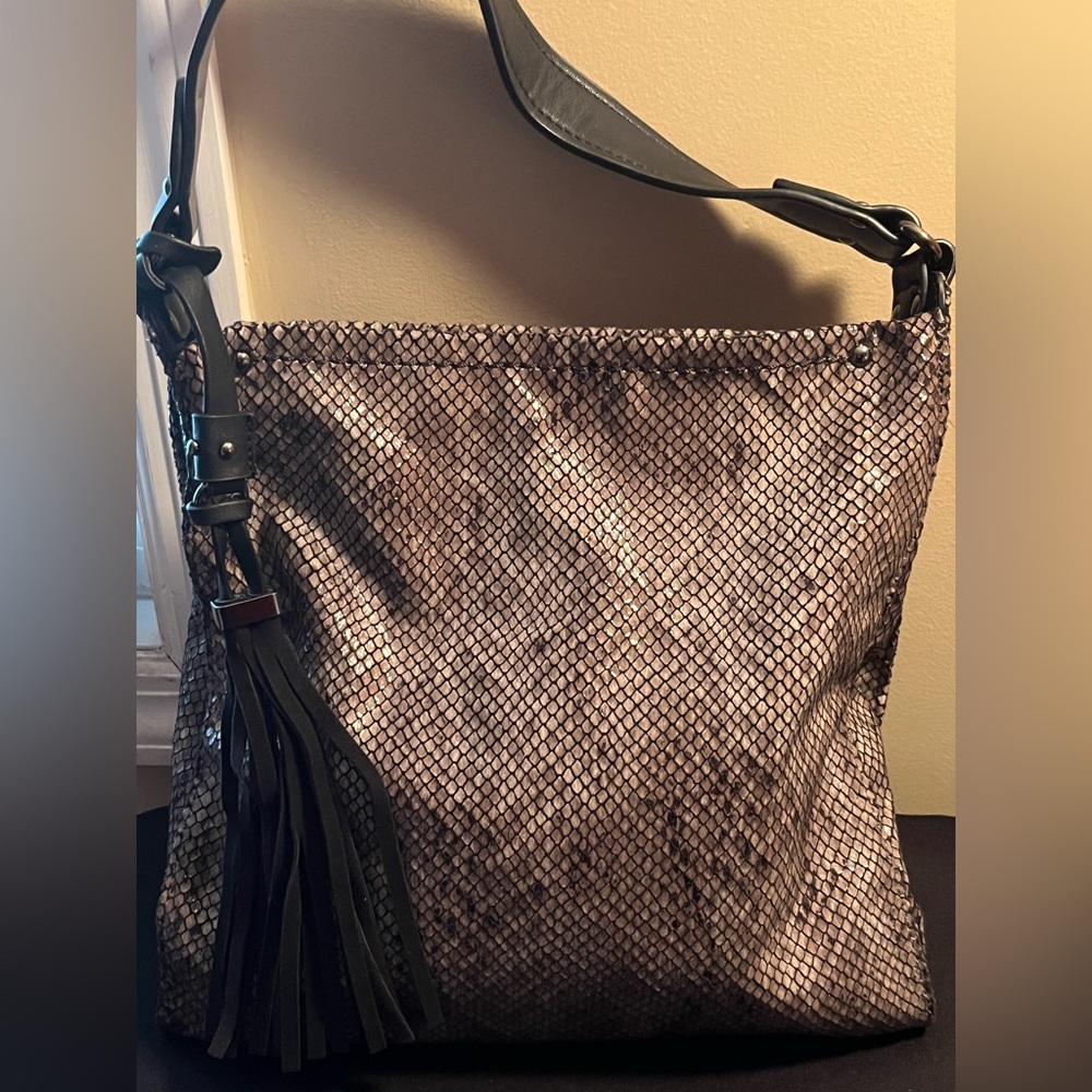 Sondra Roberts soft snake skin bag, purple/gray hints of color perfect condition